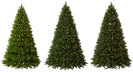 Three beautifully decorated artificial christmas trees with warm lights
