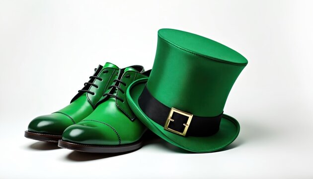 Bright green top hat and matching shoes for St Patricks Day. Festive Irish costume accessory set. Celebrate spring holiday fun outfit. Leprechaun luck symbols. Traditional party attire.