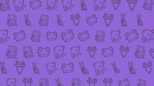 Purple background featuring a repeating pattern of cartoon animals, including dogs, rabbits, frogs, and squirrels.