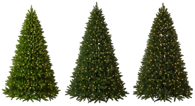Three beautifully decorated artificial christmas trees with warm lights