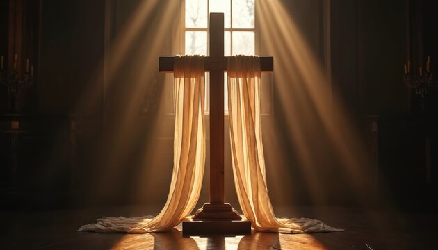 Wooden Christian cross stands draped with light fabric in dimly lit room. Sunbeams stream through window, illuminating altar and floor with divine glow, symbolizing hope and redemption.