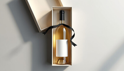 Naklejka premium Elegant wine bottle with blank label in gift box. Black ribbon tied around neck. Minimalist gold branding details, subtle Black Friday sale tag.