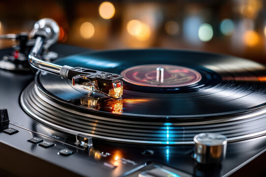 Classic vinyl record spinning on turntable in warm ambient lighting at a cozy venue
