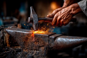 A blacksmith strikes hot metal with a hammer, sparks flying as he works at an anvil. The scene showcases traditional craftsmanship in a workshop setting