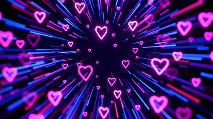 Fototapeta premium Neon Hearts Exploding with Speed Lines in Pink and Blue Radial Burst