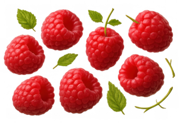Fresh raspberries and green mint leaves falling, showing ripe sweet fruit and natural healthy berries on transparent background
