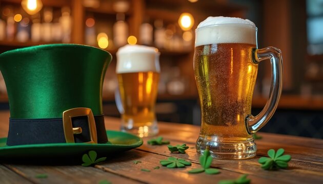 St Patricks Day theme with green top hat and frothy beer glasses on wooden table. Small shamrocks scattered around festive Irish celebration.