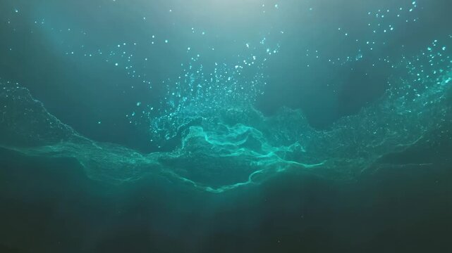 Abstract underwater scene with glowing teal particles forming waves. Bubbles rise through the serene, dark blue depths with light rays.