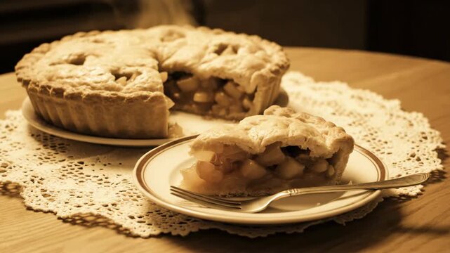 Fresh baked pie on doily with fork and cut slice on plate