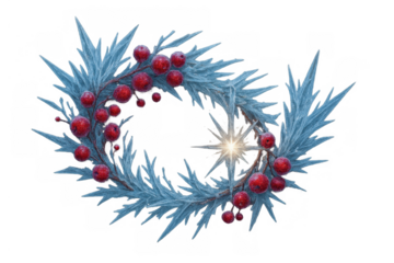 Christmas winter wreath with frosted branches, red berries, and light sparkle on a transparent background, decorating holidays