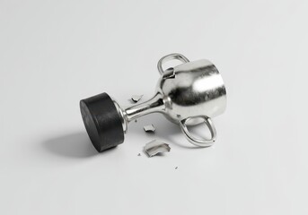 A generic silver trophy, broken and discarded, lying flat on a pristine white surface, symbolizing failure and defeat, error, unsuccessful, broken dreams