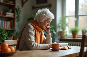 Elderly woman reads book at home kitchen table. Wears orange scarf, sweater, sips hot tea from cup. Enjoys quiet solitude, focused on words in natural window light. Senior adult happy with healthy