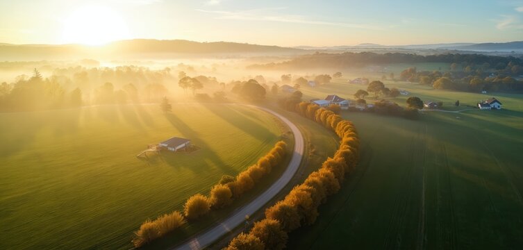 Warm sunrays pierce morning fog over rural farmland and houses. A winding road passes through green fields with autumn trees lining its edge. Gentle hills rise in background.