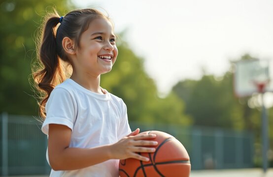 Young girl playing basketball in park. She holds ball, smiles. Kid wears white t-shirt. Girl has pony tail. Basketball hoop in background. Green trees, fence around court. Girl looks happy, active. - Powered by Adobe