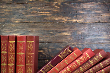 books on wooden table. Back to school. Education business concept. Copy space for text.