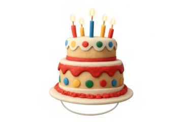 Birthday celebration cake with lit candles, two tiers decorated with colorful sprinkles and red icing, transparent background
