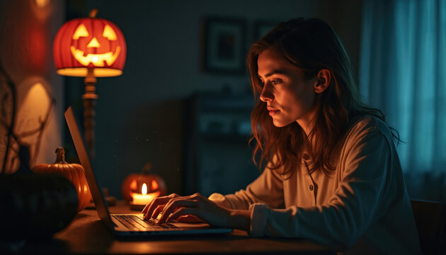 Young woman uses laptop in dimly lit room with Halloween decorations. Pumpkin lantern glows brightly. Woman types on keyboard with candle light.