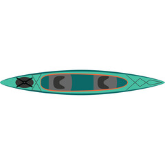 Top Down View Of A Teal Two Person Kayak With Orange Seats And Black Accents On A White Background Isolated Studio Shot