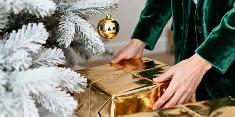 Person placing a gold Christmas gift box under a snow-flocked tree. Close-up of hands in a green velvet jacket preparing for the holidays. Festive season celebration