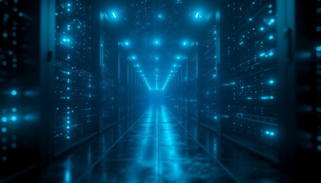 A futuristic server room with data center lights and digital data processing. An image of modern data center with blue lights