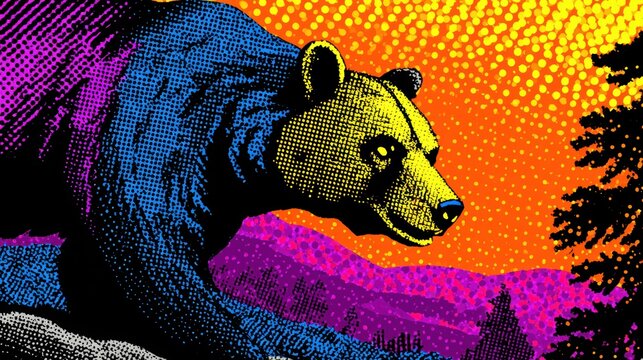 retro pop art redesign, california bear flag reimagined in a vintage comic book style, with bold colors and a pop-art vibe, showcasing a mid-century look with modern details - Powered by Adobe