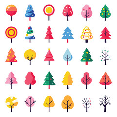 Colorful tree icon set vector illustration of different seasonal trees