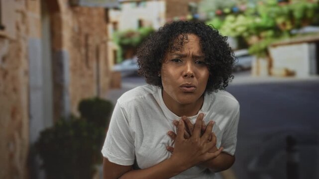 Woman clutch chest for heartattack on weathered cobblestone street in historic town district; anguish.