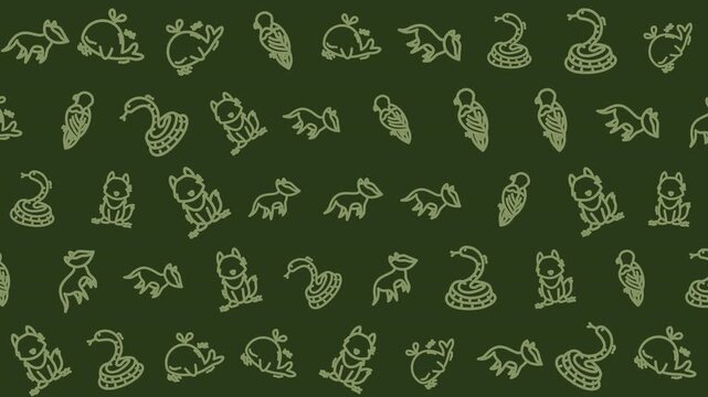 Seamless repeating pattern of cute hand-drawn animal doodles including a cat, snake, duck, and frog on a dark green background.