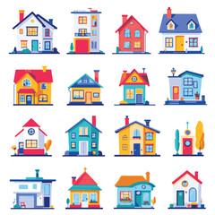 Fototapeta premium Colorful house flat vector icon set of modern suburban homes and cottages