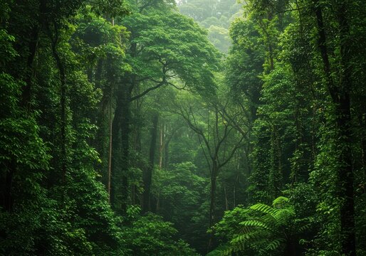Lush, vibrant green tropical rain forest canopy showing dense layers of exotic foliage, thriving biodiversity, and high humidity in the wild, pristine, tropical, botany