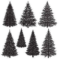 Black silhouette Christmas trees with and without lights on white background pine tree fir tree