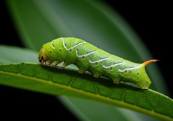 Massive, vibrant green hornworm larva resting on a soft garden leaf, showing intricate markings and characteristic rear spike ,pest ,larva ,closeup