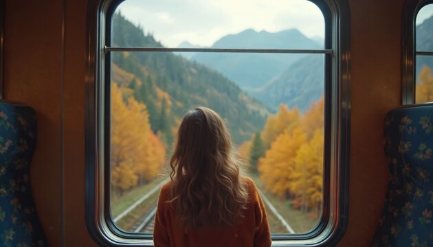 Young woman sits inside train, looks out at vibrant autumn mountain landscape. Fall foliage, colorful trees pass by outside window. Travel blogger, adventurer enjoying scenic journey, contemplating - Powered by Adobe