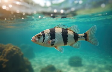 Obraz premium Striped fish swims in clear blue water near coral reef. Underwater scene shows aquatic life and marine environment. The animal has black bands on its body.