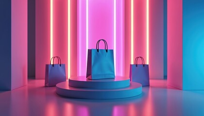 Vibrant shopping bags glow under neon lights in futuristic retail setting. Bold color scheme promotes online sales, e-commerce deals. Dynamic design ideal for digital marketing campaigns, promotional