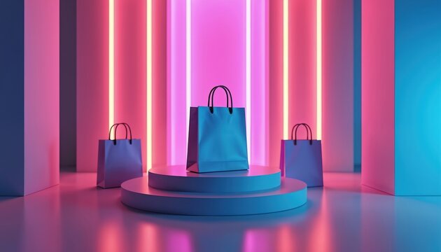 Vibrant shopping bags glow under neon lights in futuristic retail setting. Bold color scheme promotes online sales, e-commerce deals. Dynamic design ideal for digital marketing campaigns, promotional
