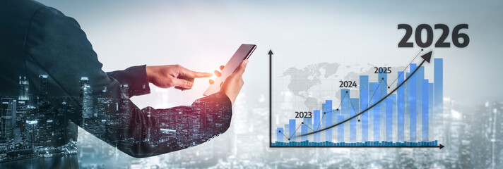 A businessman interacts with a mobile device, analyzing financial projections and growth data against a modern city skyline, representing future business insights. Tessel