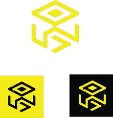 A vibrant and modern vector logo featuring an abstract isometric cube or block structure constructed from yellow, geometric monoline segments. The design incorporates deconstructed, angled elements, s