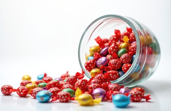 Many colourful candies spill from overturned glass jar onto white surface. Individually wrapped sweets are red, yellow, green, blue, and purple, some with polka dot patterns.