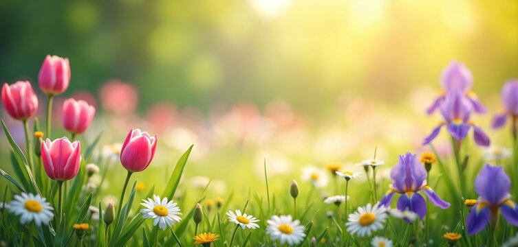 Pink tulips and purple irises bloom in a green meadow with daisies. Sun shines brightly through soft green foliage creating bokeh effect. Fresh nature scene.