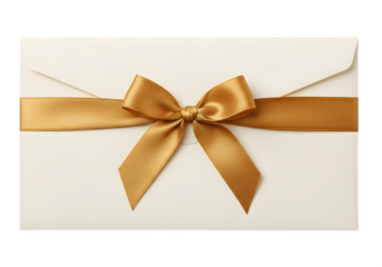 Title: Blank Gift Card or Invitation Envelope with Golden Satin Ribbon Bow – Isolated on Transparent Background PNG