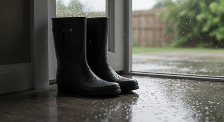 Pair of rain boots placed neatly by the door on a wet concrete floor, soft natural daylight filtering through a window