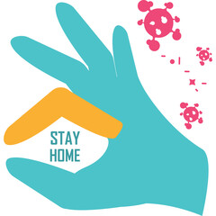 Turquoise Hand Silhouette Holding Orange House Shape With Stay Home Text And Pink Virus Icons In The Air