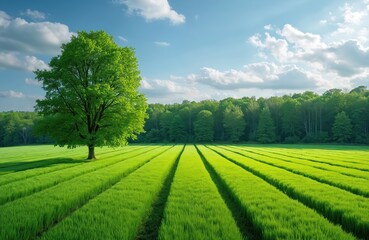 Vast green meadow with neat rows of grass extends towards a dense forest under a blue sky with white clouds. A large solitary tree stands prominently on the left side of the field.