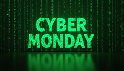 Green Cyber Monday inscription on matrix background. Digital event promotion banner with sale announcement in tech style. Design for online shopping discounts deals.