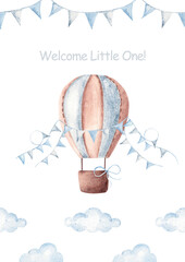 Cute baby shower boy announcement card template with hot air balloon, blue bunting flags and clouds. Hand drawn design for newborn greeting or gender reveal party.