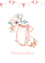 Watercolor baby shower, conformation or christening invitation for a baby girl with pink bodysuit, teething ring, and anemone bouquet with pink bunting. Perfect for newborn party or birth celebration