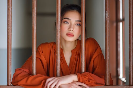 Pensive Asian Woman Looking Through Prison Bars