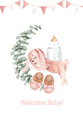 Watercolor baby shower card template for a girl with cute pink booties, plush bunny toy, bottle for milk and eucalyptus branches. Perfect for newborn party or birth celebration, gender reveal party