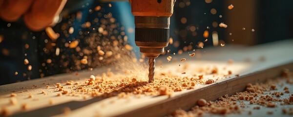 Close up of person hands operating power drill making hole in wooden plank. Sawdust flies around as tool carves through timber. Woodworking project or renovation task in workshop.